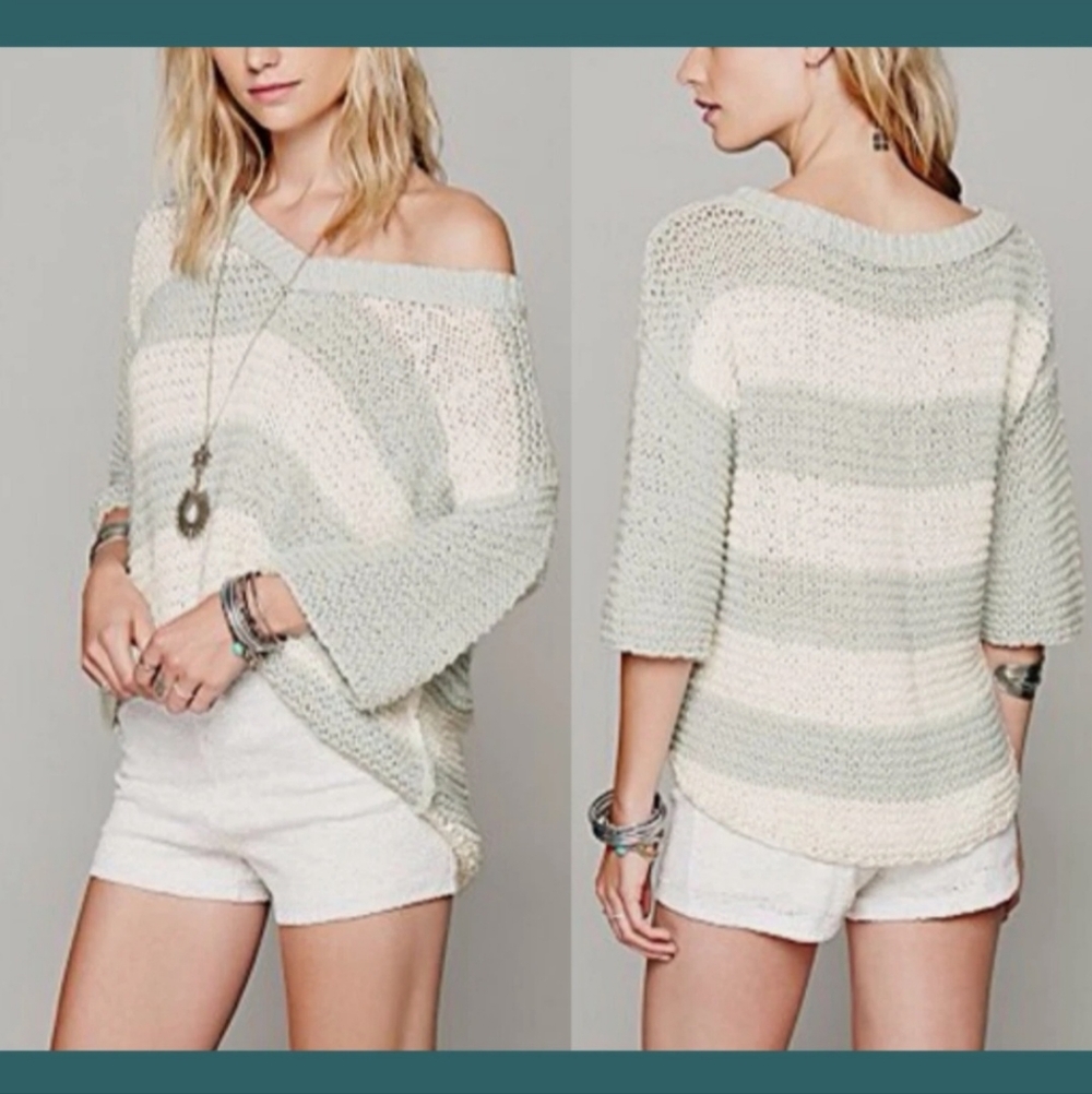 Free People Park Slope Knit Striped V-Neck Sweater Green & White Size Small